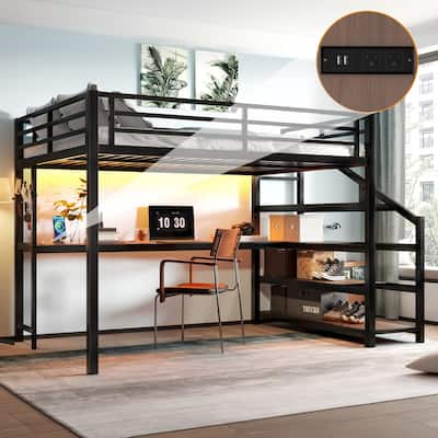 Queen Loft Bed with Desk and Storage Stairs, Metal Loft Beds with LED Lights, USB Ports, Multifunctional Iron Nets