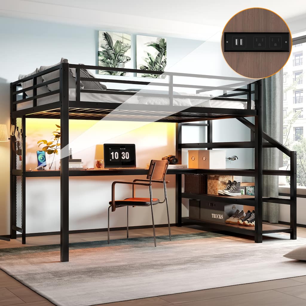 Queen Loft Bed with Desk and Storage Stairs, Metal Loft Beds with LED Lights, USB Ports, Multifunctional Iron Nets