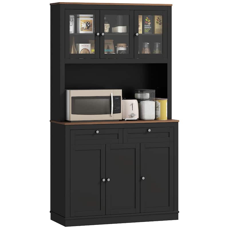 HOMCOM 71" Tall Kitchen Pantry Storage Cabinet with Microwave Stand, Adjustable Shelves and Glass Doors for Kitchen, White