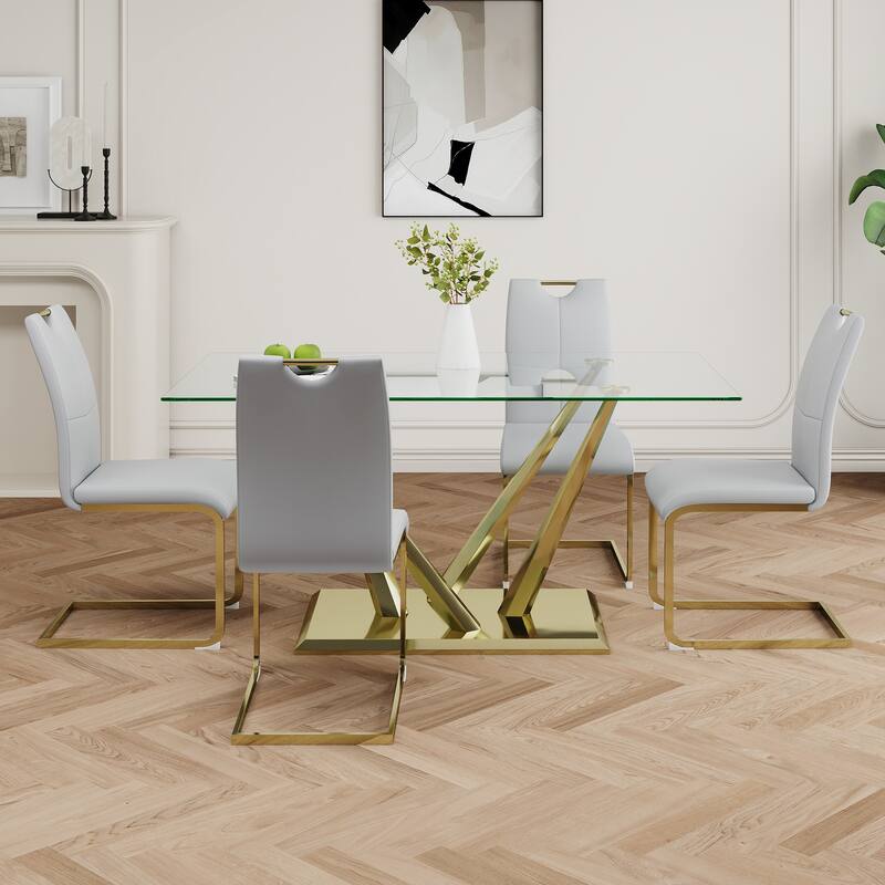 5-Piece Rectangular Dining Table Set for 4 Modern 63" Tempered Glass Kitchen Table with 4 Chairs, Luxury Dining Room Table Set