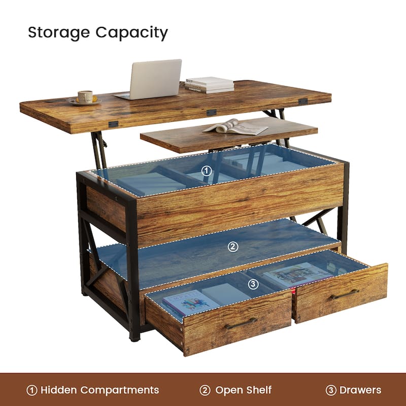 Coffee Table Lift Top 2 Drawers Hidden Compartment for Living Room
