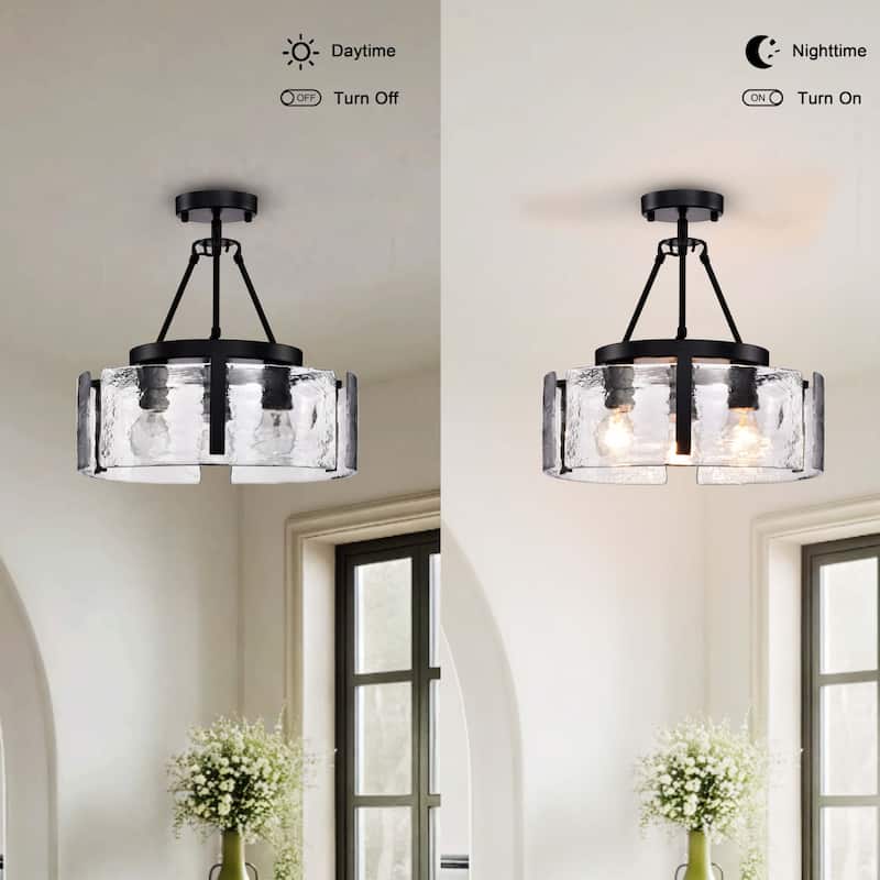 Reina 3-Light Water Textured Glass Panel Drum Semi Flush Mount