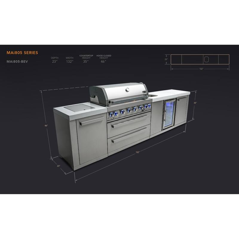 Mont Alpi MAi805-BEV-COMBO Stainless Steel Modular Outdoor Kitchen Island BBQ Grill + Charcoal Tray, Griddle Plate & Pizza Oven