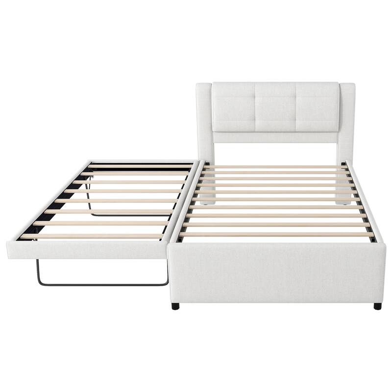 Full Size Linen Upholstered Platform Bed with Trundle