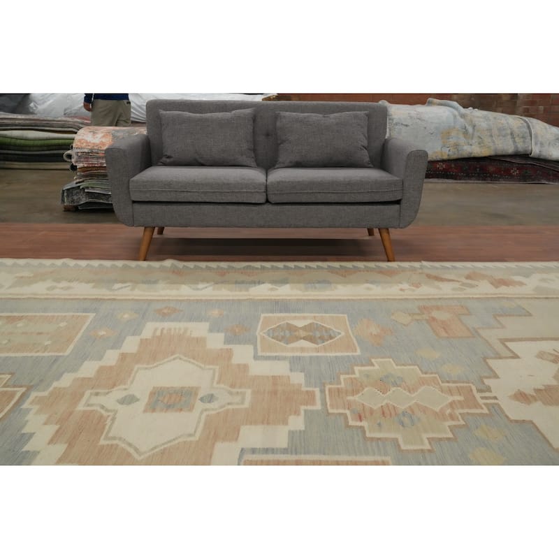 Hand Woven Oriental 100% Wool Carpet Southwestern Tribal Navy Blue & Blues Kilim Area Rug - 13' 2'' X 9' 9''