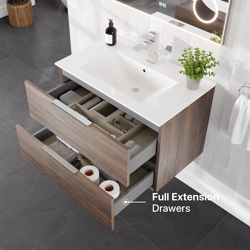 Marina 32 in. Wenge Wall MountSingle Sink Bath Vanity with Porcelain Top and Integrated Sink