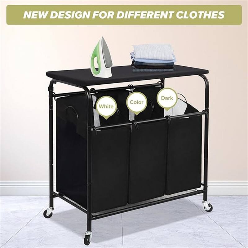 Laundry Sorter Hamper with Wheels 3 Sections with Ironing Board ‎31.5