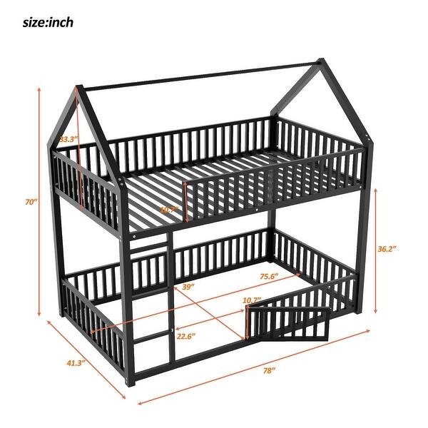 dimension image slide 1 of 2, Twin Over Twin Metal Floor Bunk Bed with Safety Guardrails and Roof Design for Kids, House Shaped Bunk Bed Frame