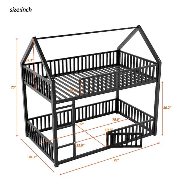 dimension image slide 1 of 2, Twin over Twin House Bunk Bed, Modern Metal Floor Bunk Bed Frame with Full-length Guardrail & Door for Kids Bedroom