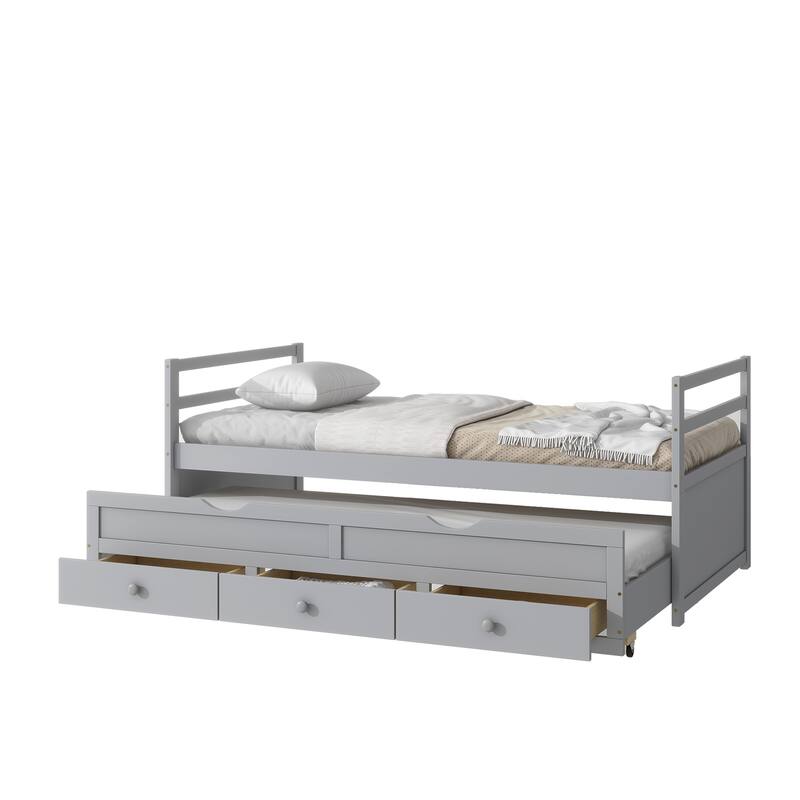 Twin Size Platform Bed with Pull-Out Trundle, Drawers, Classic Headboard, and Solid Pine Wood Construction