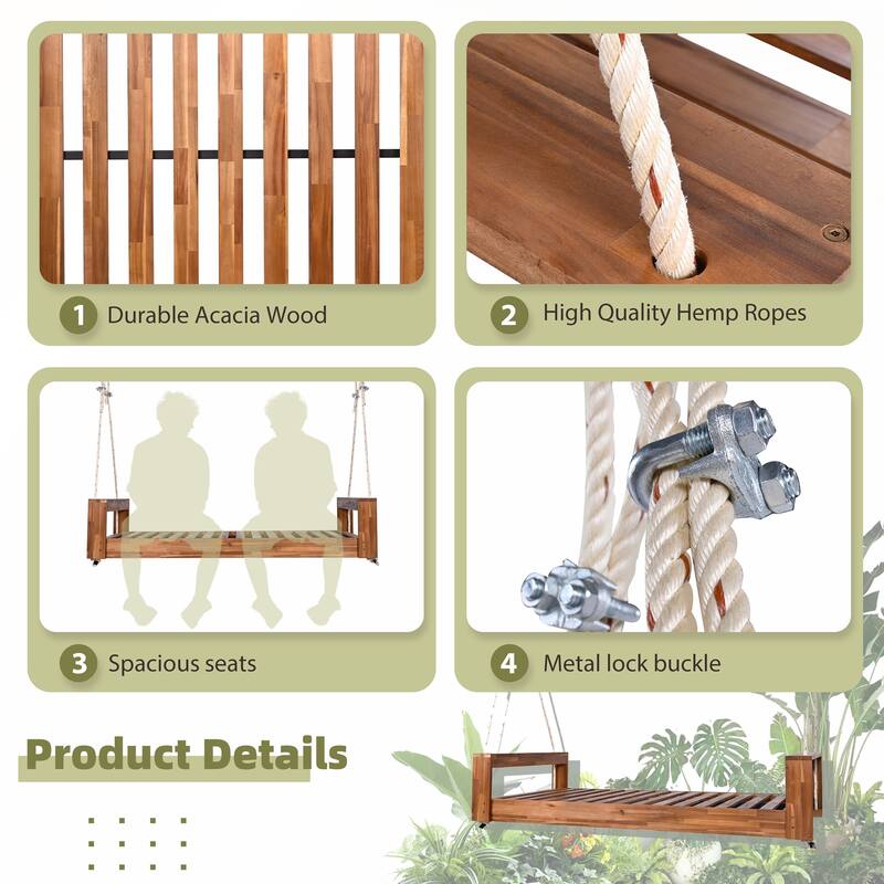 Twin Size Porch Swing Bed Seating Group with Hemp Ropes for Garden and Backyard