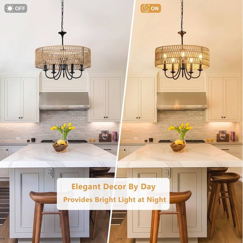 Large Boho Rattan Pendant Light, 5-Light Farmhouse Chandelier with Adjustable Height for Living Room or Bedroom