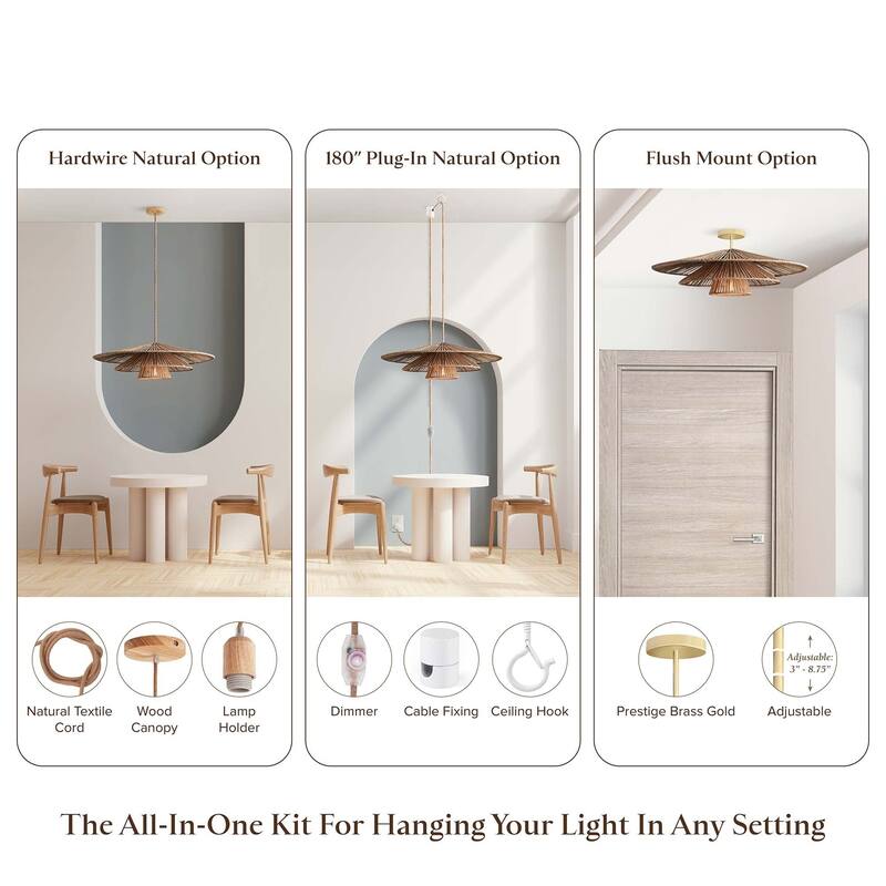 Sammie Rattan Pendant Light Natural Tiered 1-Light Handwoven Ceiling Light For Modern, Transitional, Farmhouse, Boho Room Decor