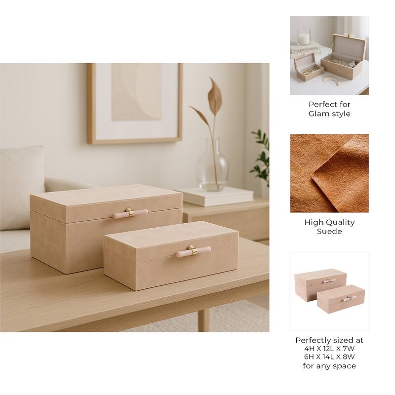 Wood Decorative Boxes with Stone Handle and Lid (Set of 2) - 4/7" Tan - 14" x 8" x 6"