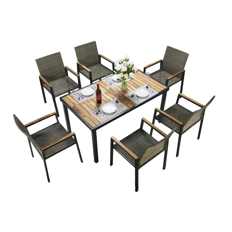 All Weather 7-Piece Patio Dining Table Sets, Patio Conversation Set Acacia Wood Table Top with Umbrella Hole - Black+ Gray