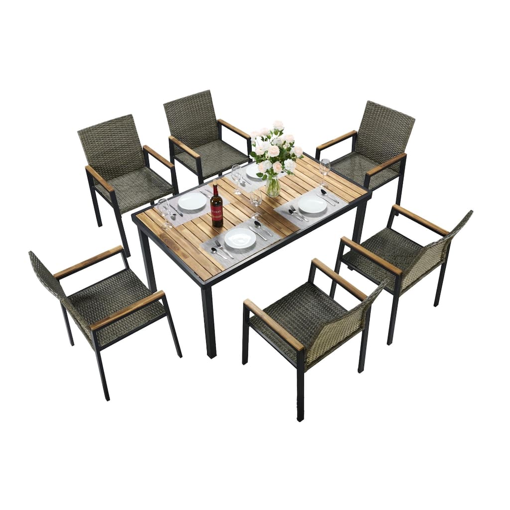 All Weather 7-Piece Patio Dining Table Sets, Patio Conversation Set Acacia Wood Table Top with Umbrella Hole