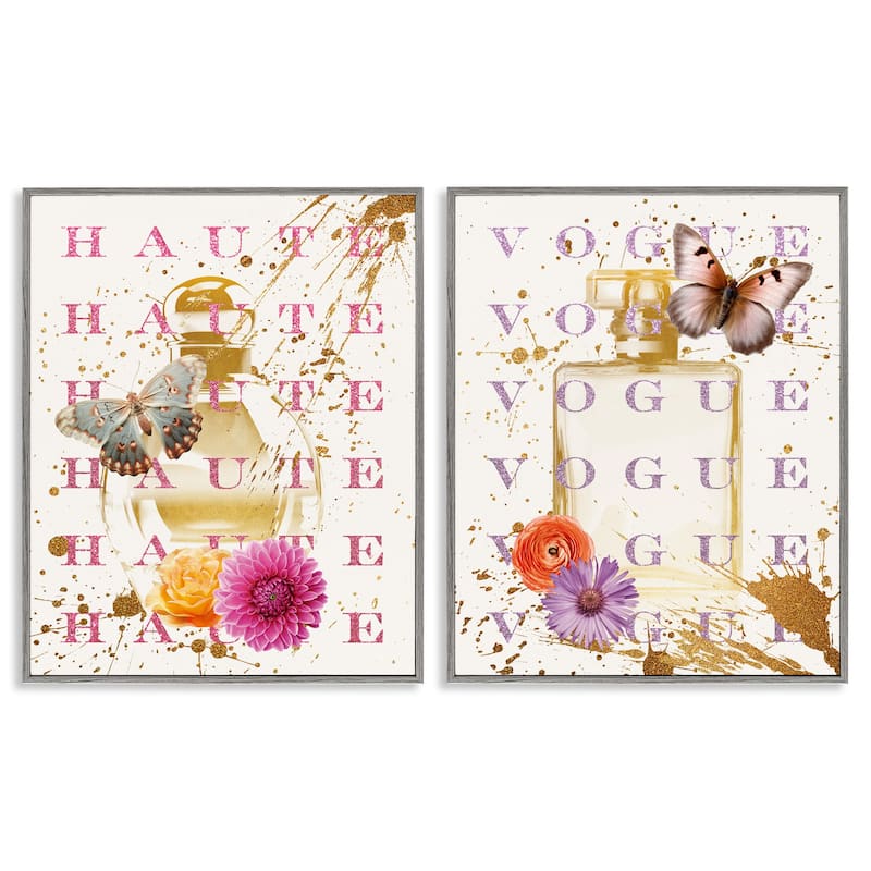 Stupell Glam Perfumes with Butterflies Framed Giclee Art Design By Susan Arnot (Set of 2) - 16 x 20 - Grey