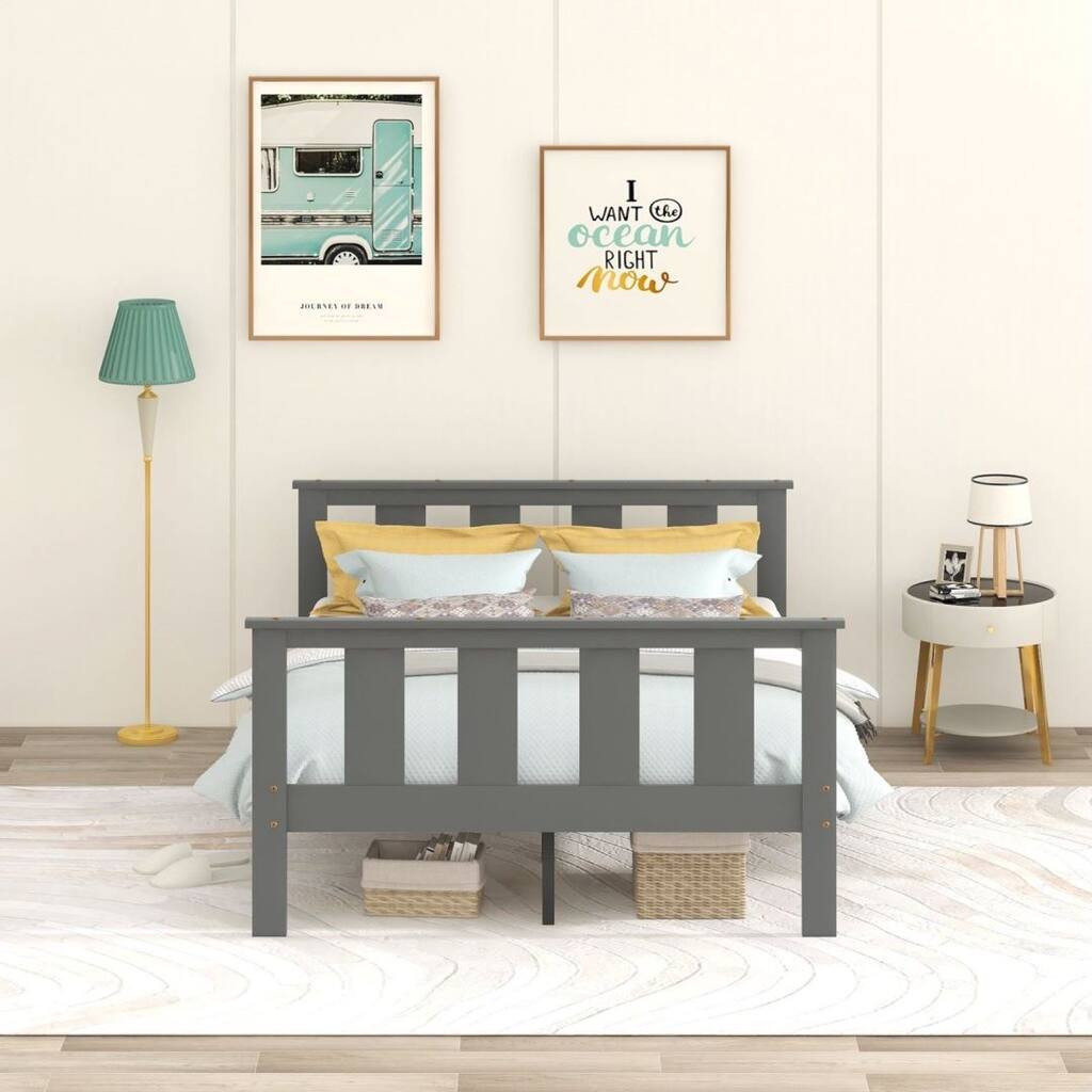 Grey Wood Platform Bed Full Size With Headboard and Footboard