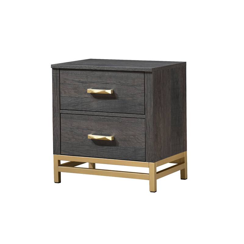 Contemporary Two-Drawer Nightstand with Gold Metal Handle in Gray - Gold,Gray