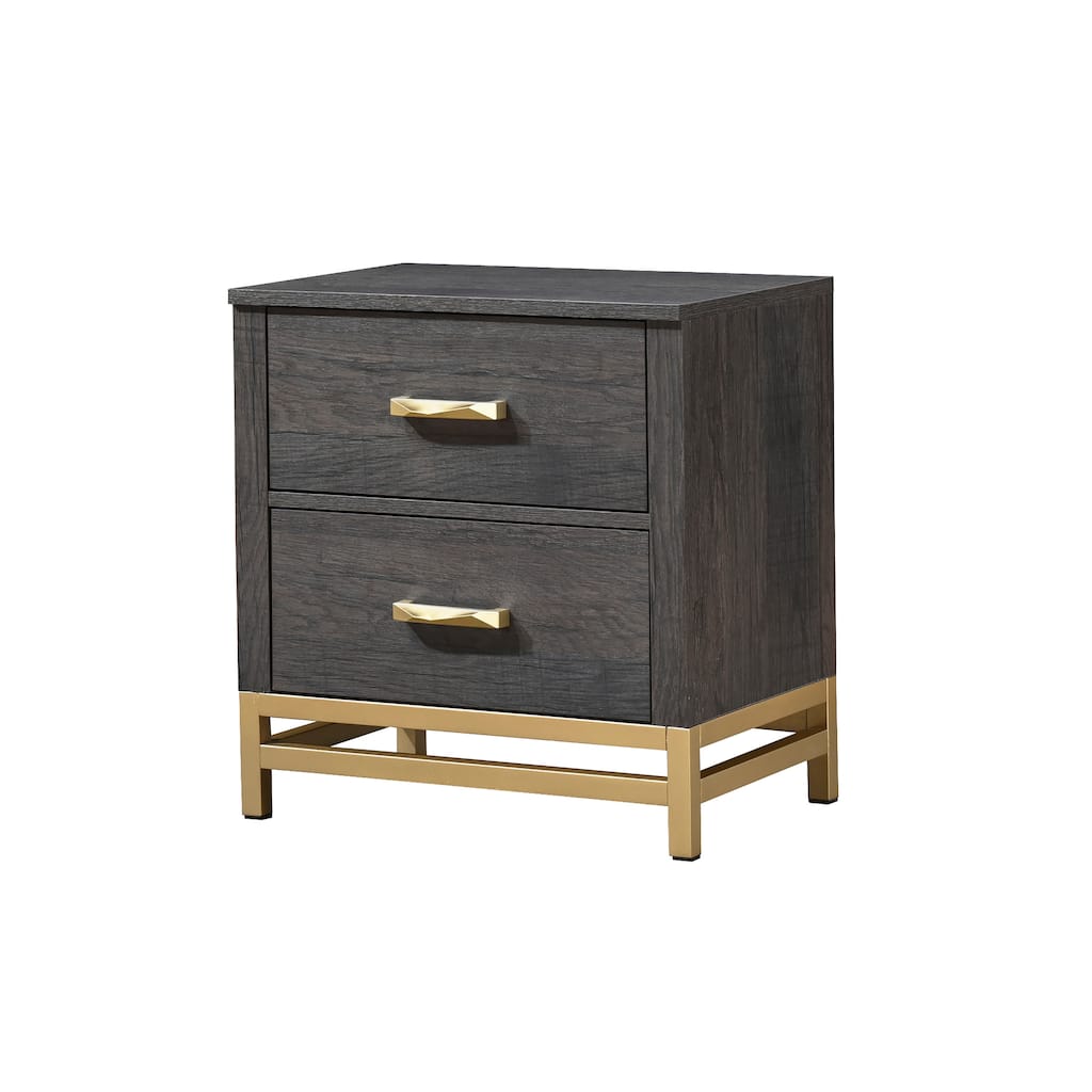 Contemporary Two-Drawer Nightstand with Gold Metal Handle in Gray