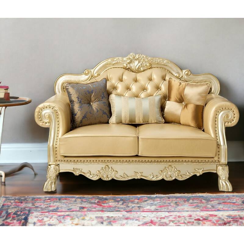 HomeRoots 64" Bone And Gold Faux Leather Loveseat and Toss Pillows - 64.00 in. x 43.00 in. x 38.00 in. - Bone