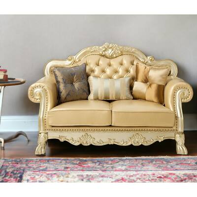 HomeRoots 64" Bone And Gold Faux Leather Loveseat and Toss Pillows - 64.00 in. x 43.00 in. x 38.00 in.