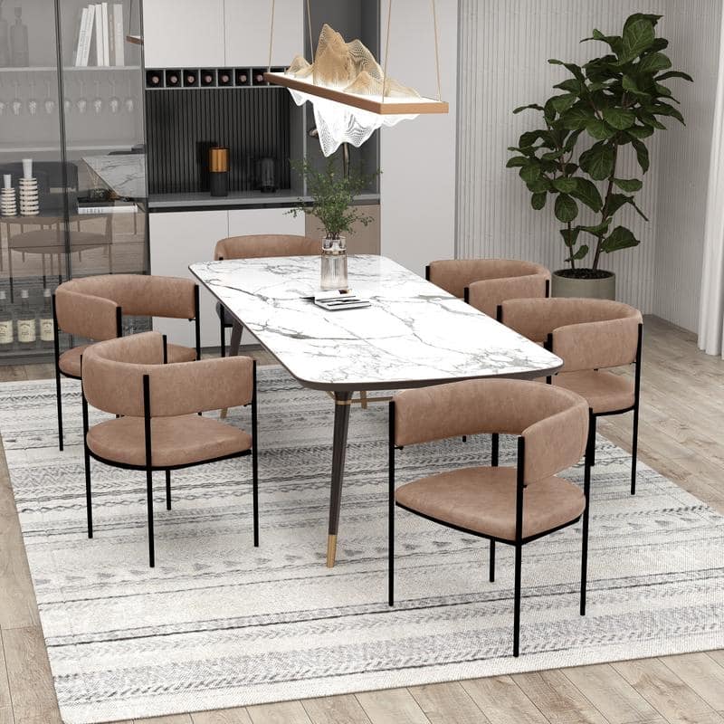 Cyril Modern U-Shaped Velvet, Fabric, or Leather Upholstered Dining Chair with Open Back and Black Iron Metal Legs (Set of 2)