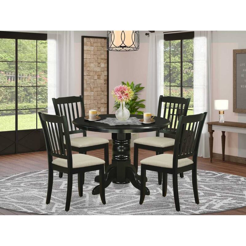 HomeStock 5-Piece Round Black Finish Solid Wood Top Dining table with 4-Chairs with Slat Back