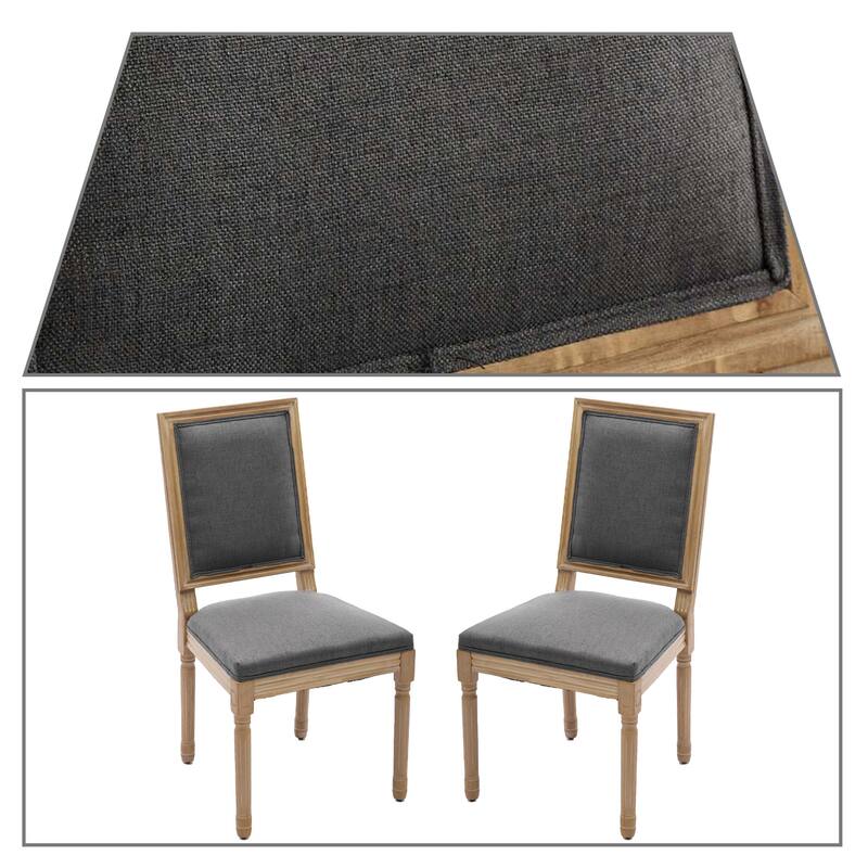 Elegant French Style Set of Two Linen Upholstered Dining Chairs with Solid Rubberwood Frame Legs