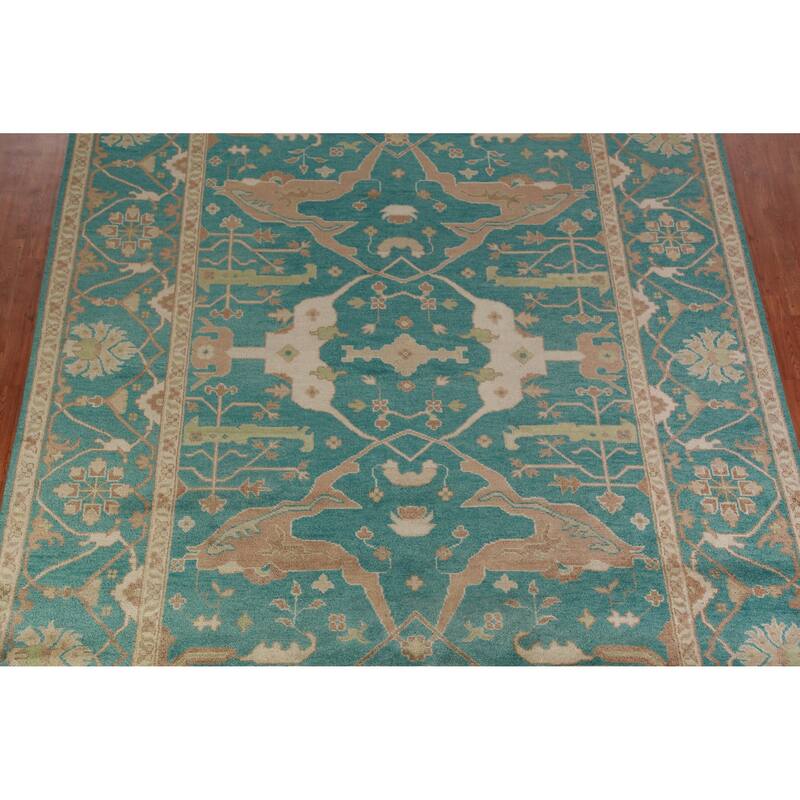 All-Over Green Oushak Indian Area Rug Floral Handmade Wool Carpet - 9'1" x 11'9"