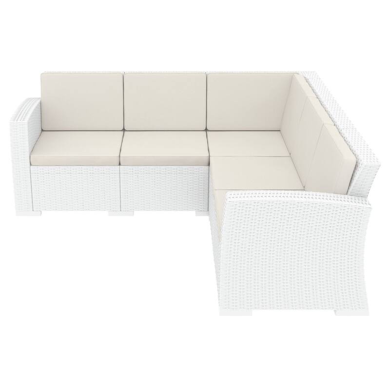 5 Piece White Outdoor Patio Sectional with Natural Beige Sunbrella Cushion 81.5"