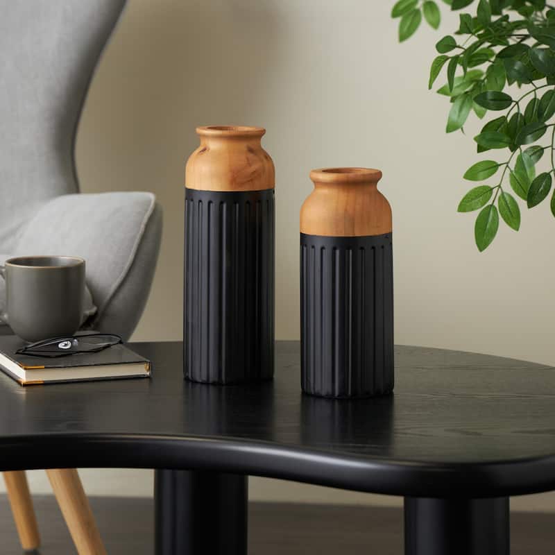 Metal Color Block Decorative Vase with Rounded Linear Grooves and Brown Wood Tops - Set of 2 Black - Roche River Decor