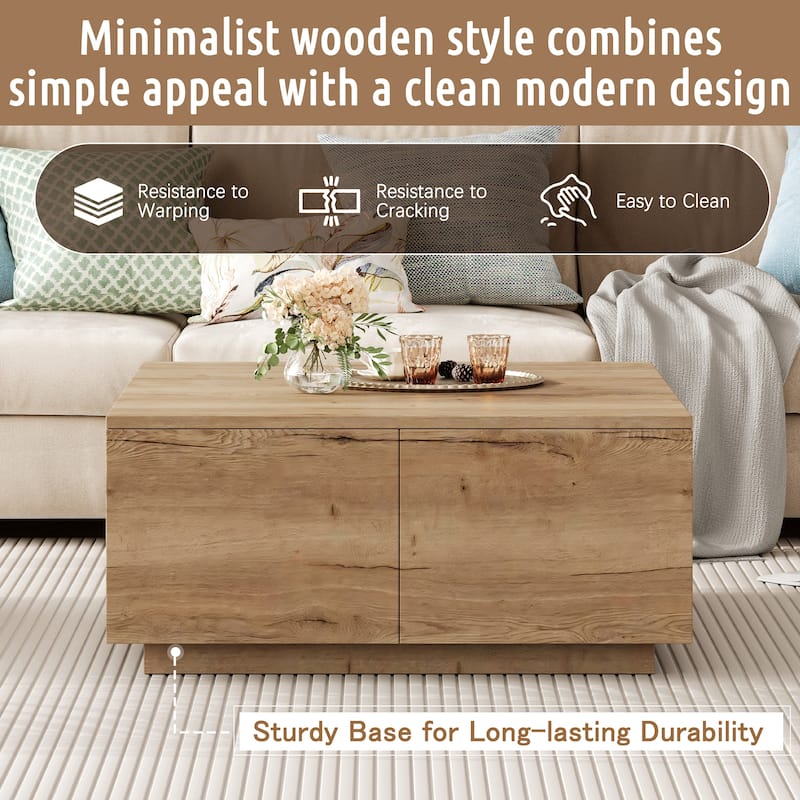 Square Coffee Table Modern Center Table with 4 Drawers, Cocktail Table Natural End Table for Living Room