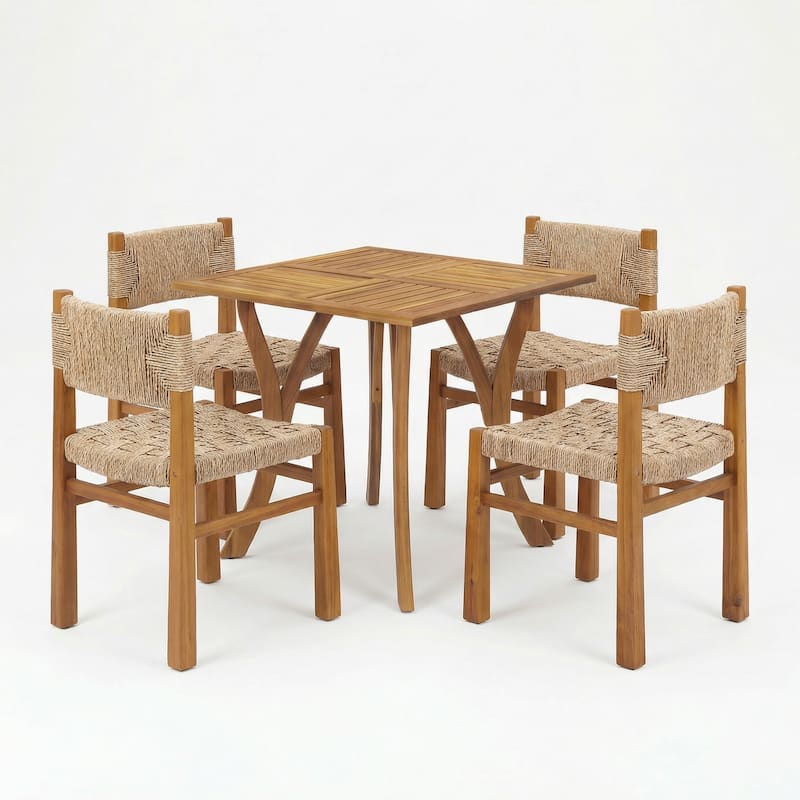 Christopher Knight Home - 5-Piece Acacia Wood Outdoor Square Dining Table Set with Wicker Woven Dining Chairs