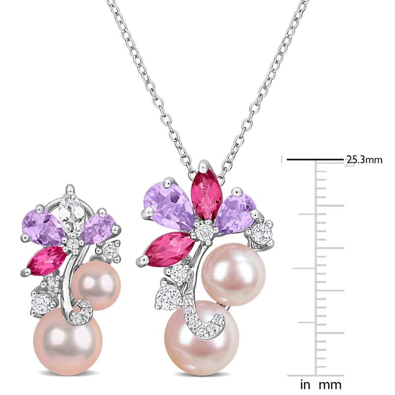 Miadora Sterling Silver Cultured Freshwater Pearl and Gemstone Necklace and Earring Set