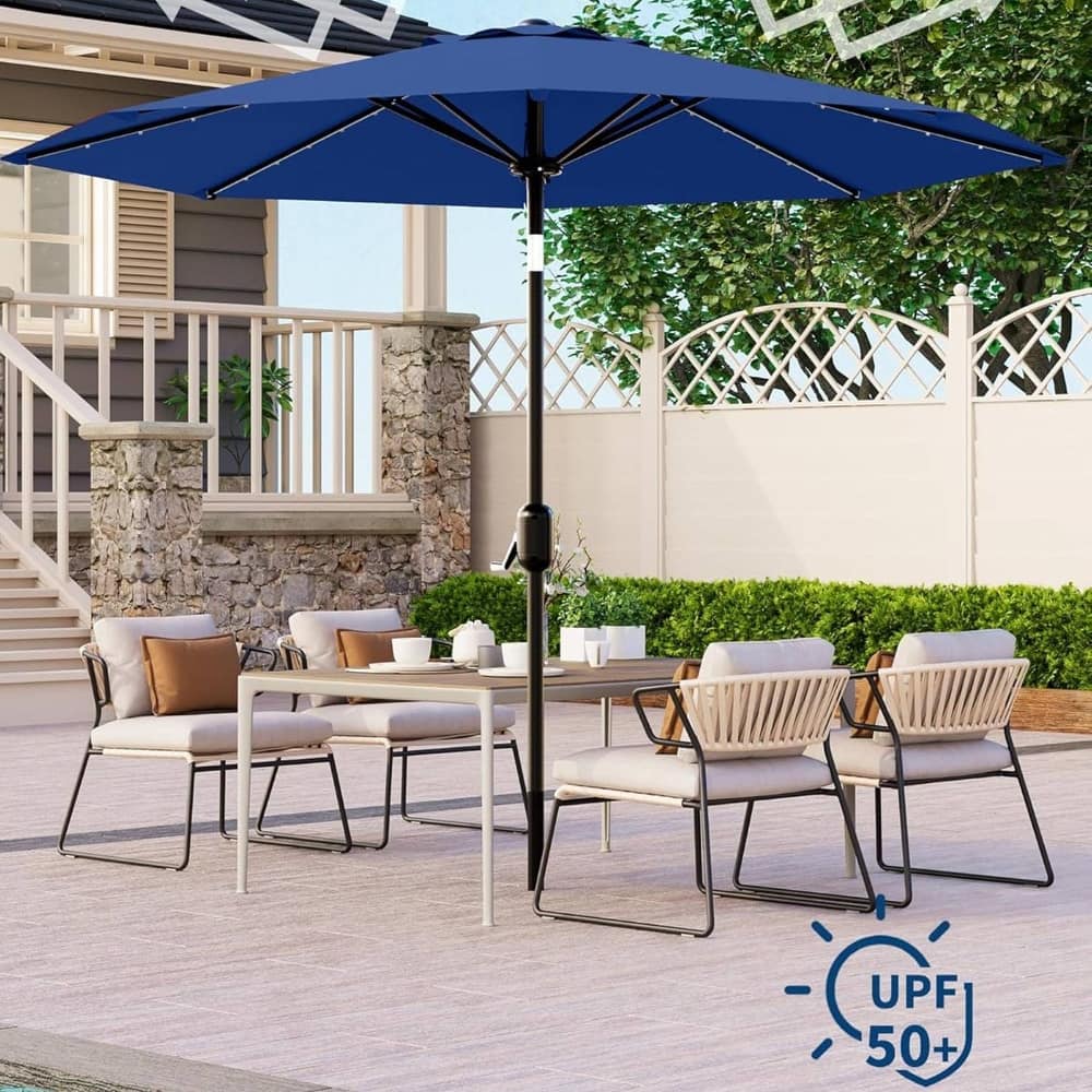 9 Ft Patio Umbrella with Solar Lights for Pool, Deck, Backyard