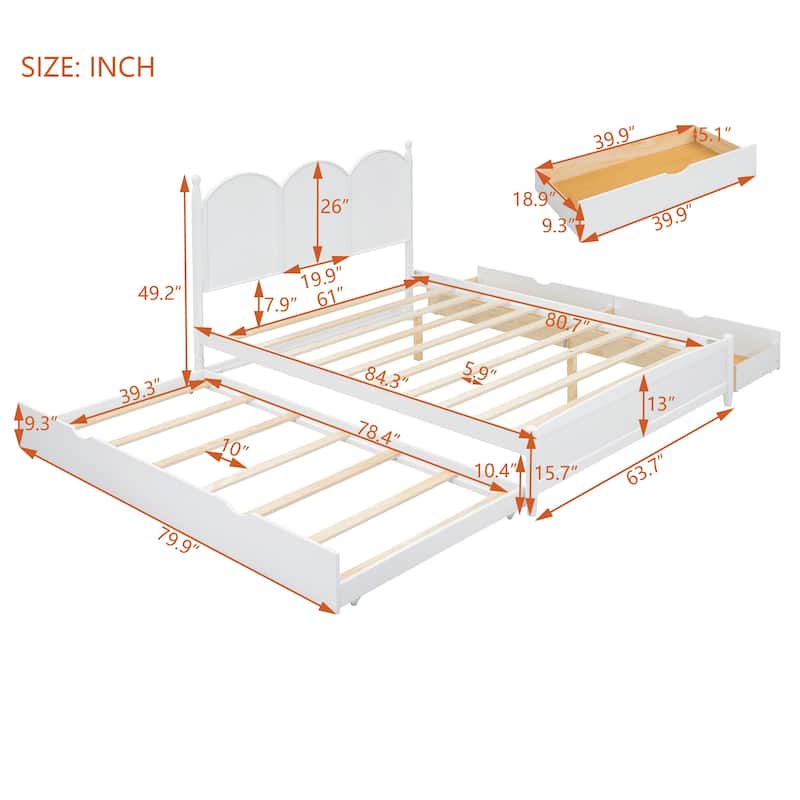 Queen Size Platform Bed with Pull-Out Trundle And Storage Drawers ,Solid Pine/MDF Frame