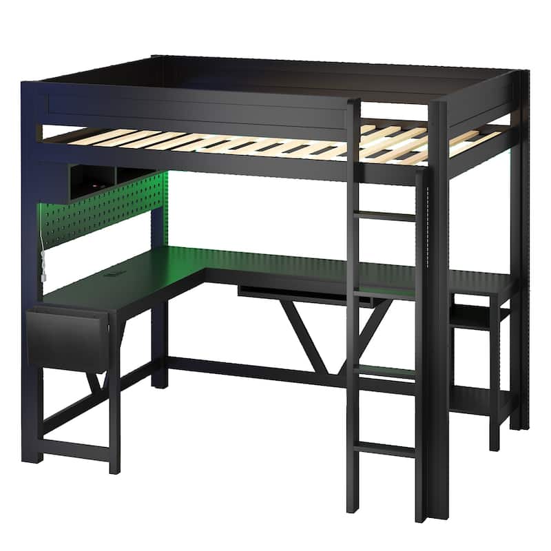Full Size Gaming Loft Bed with LED Lighting, Built-in Desk, Storage & Charging Ports by Harper&Bright Designs
