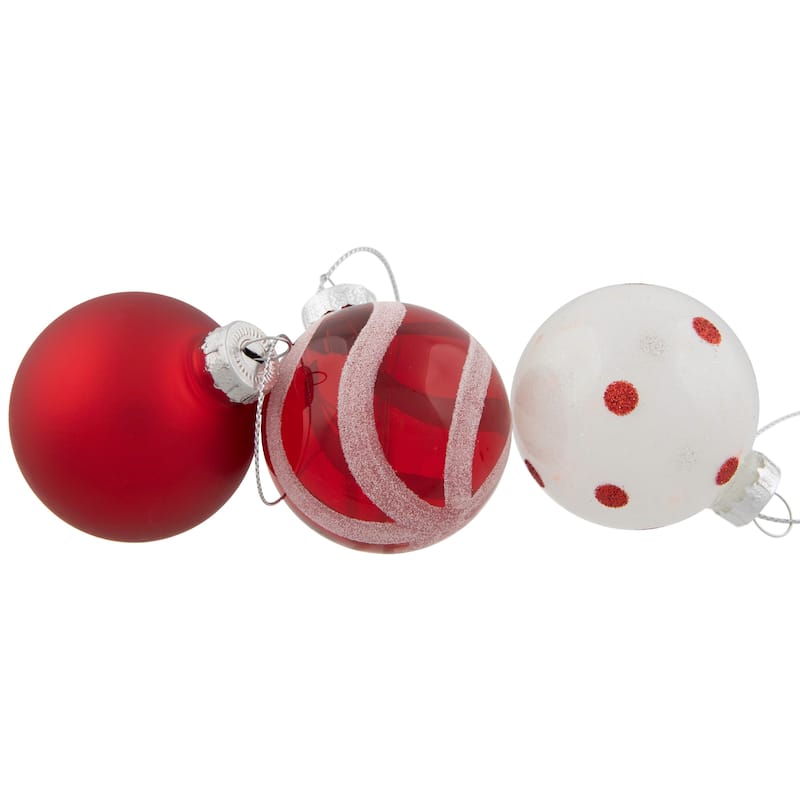 12ct Red White Glass 3-Finish Christmas Ball Ornaments 1.75" (40mm)