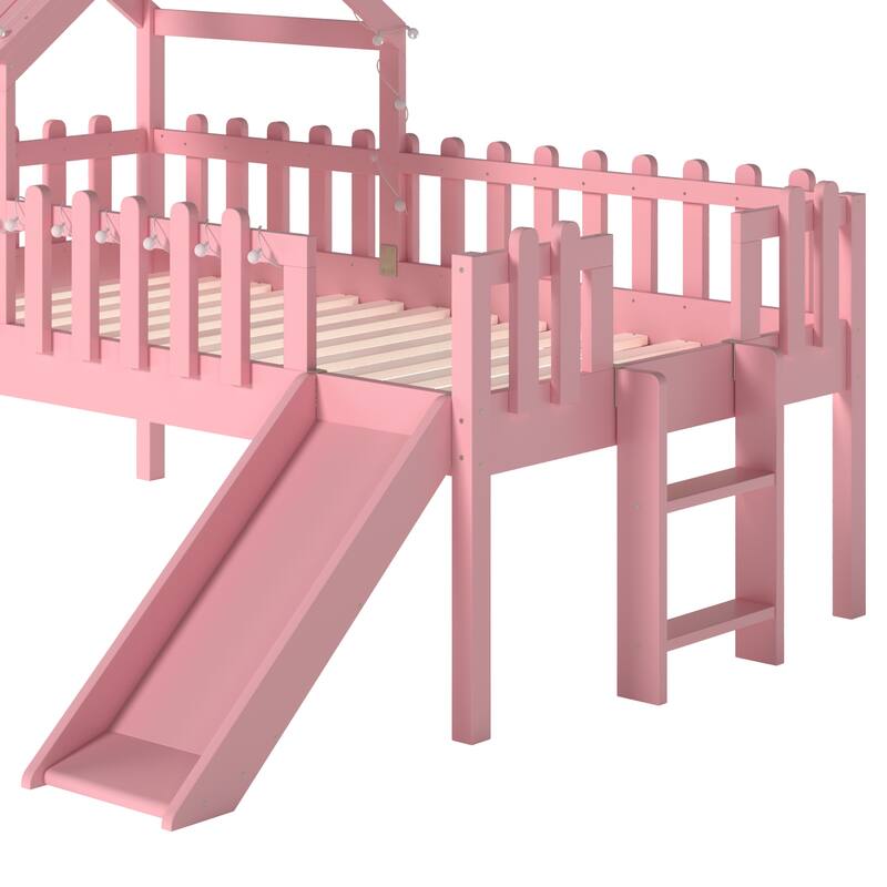 Twin Size House Loft Bed with Slide,Playhouse Bed with Star Moon-shaped Designs and Window, Chic Design with LED Lights
