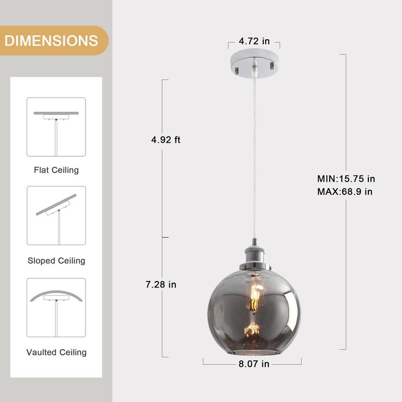 1-Light Semi Flush Mount Chandelier, Unique Single-Globe Pendant Light for Kitchen Island Living Dining Room Bedroom Study