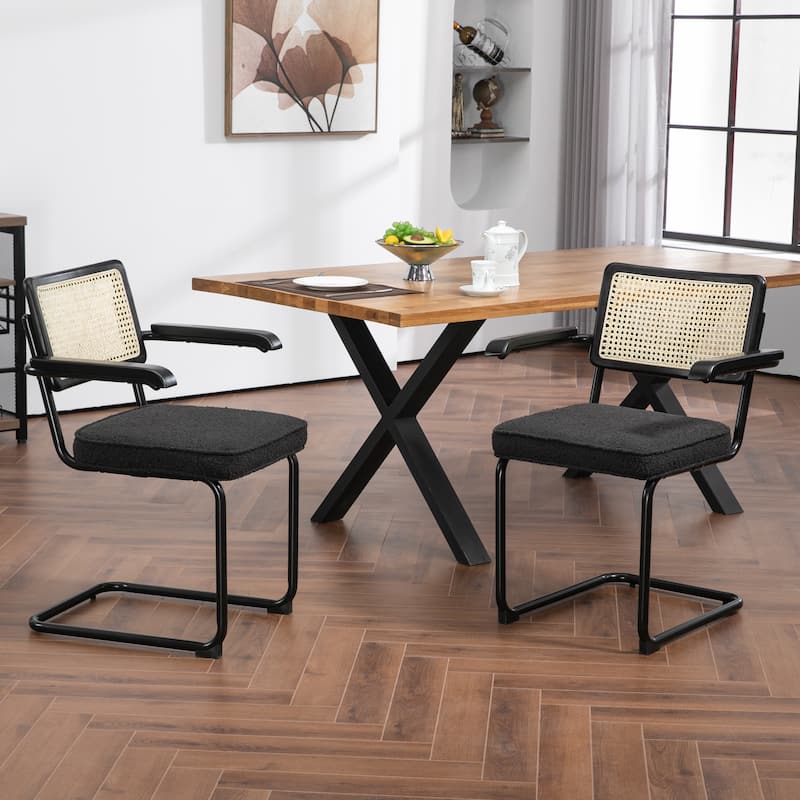 Set of 2 Azra Black Boucle Dining Chair with Rattan Backrest and Black Iron Legs
