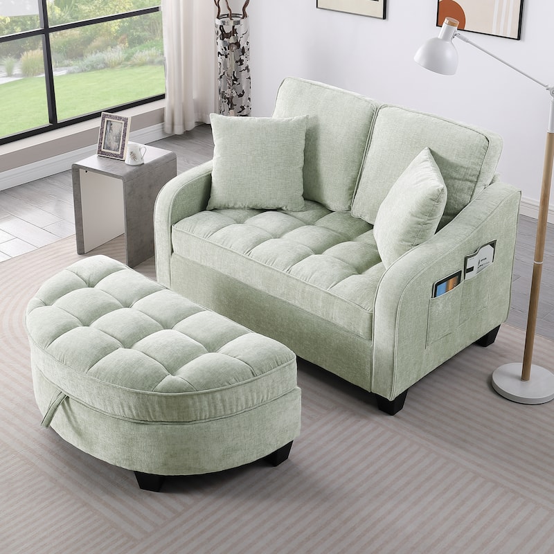 Two-Seater Chaise Lounge with Storage Footrest and Pillows, Irregular Armrest Design