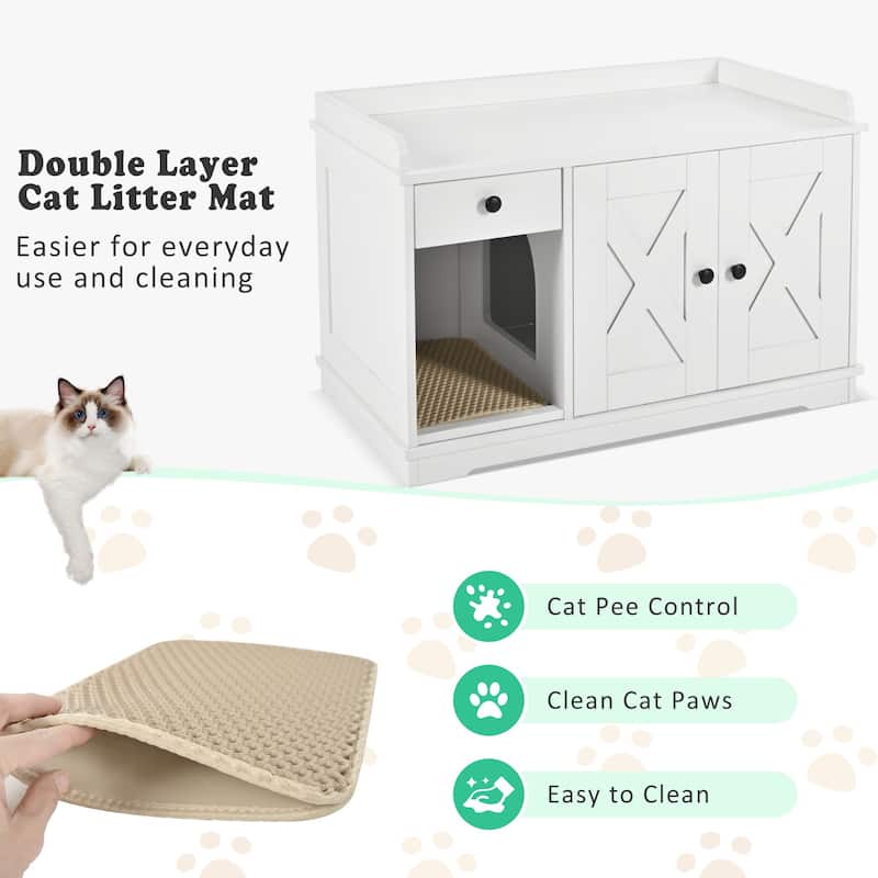 Farmhouse Cat Litter Box Enclosure with Drawer Mat and Side Table White