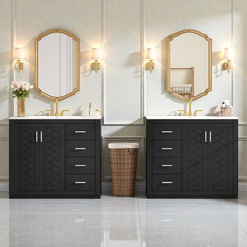 72" Solid Wood Freestanding Bathroom Vanity with Dual Ceramic Sinks, Double Storage Cabinet with Drawers and Soft-Close Doors