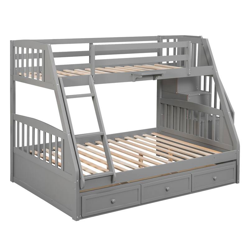 Twin-Over-Full Bunk Bed with Drawers, Ladder, and Storage Staircase in Gray
