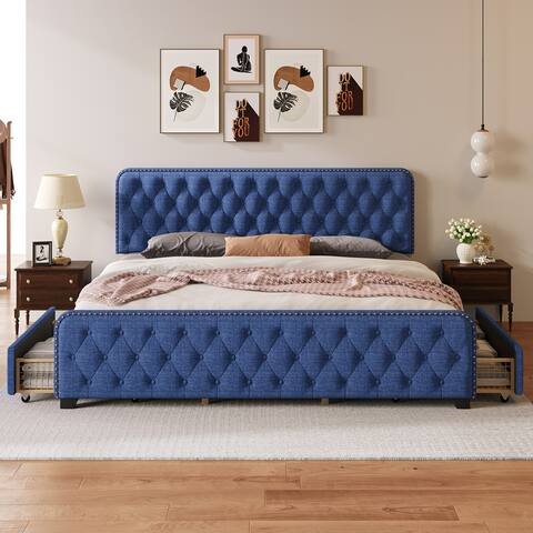 King Size Upholstered Platform Bed Frame with Four Drawers,Button Tufted Headboard and Footboard
