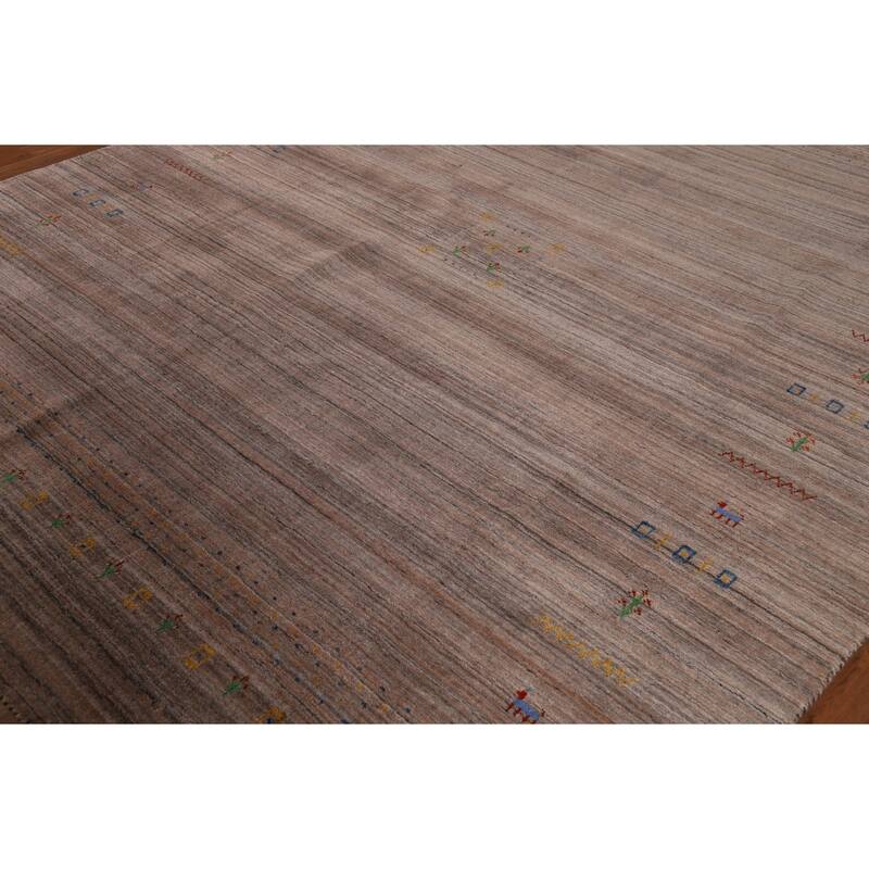 Striped Brown Tribal Gabbeh Oriental Area Rug Hand-Knotted Wool Carpet - 8'0"x 9'9"