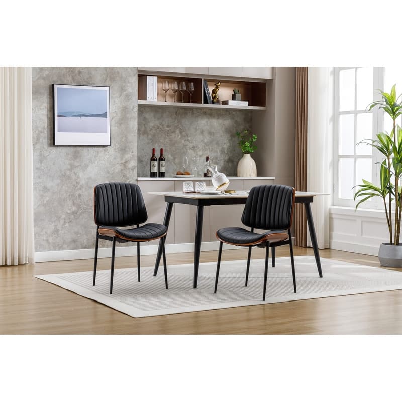 Mid-Century Modern PU Leather Dining Chairs with Metal Legs-Set of 2（2 Colors） - Black