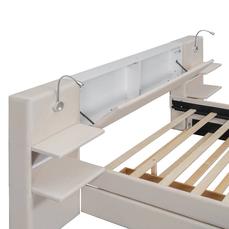 Queen Size Upholstered Platform Bed with Lights,Trundle and Shelves